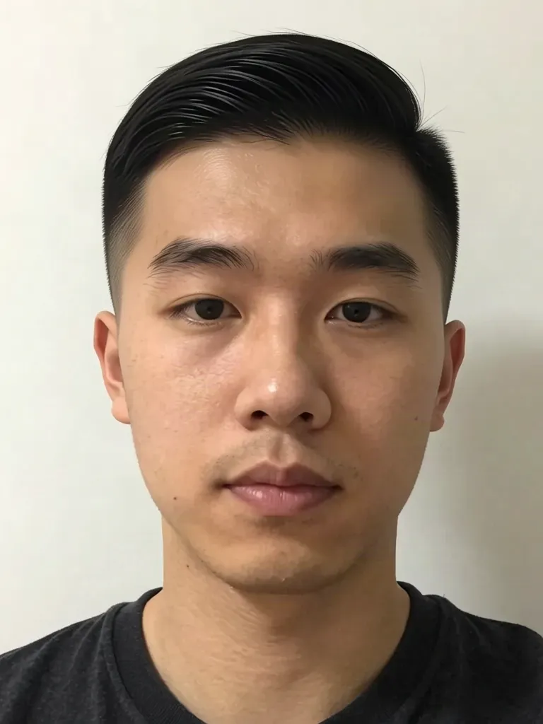 A young man with short black hair with an Ivy League cut with a side part, made with the AI hairstyle changer