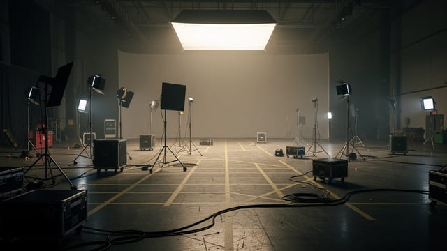 A film set with lights, crew marks and equipment