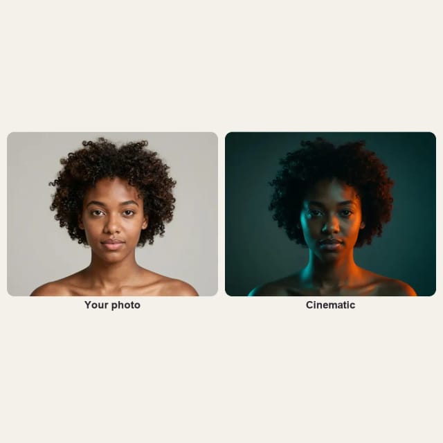 A photo of a young woman with curly hair and the same woman as a cinematic portrait with teal and orange light