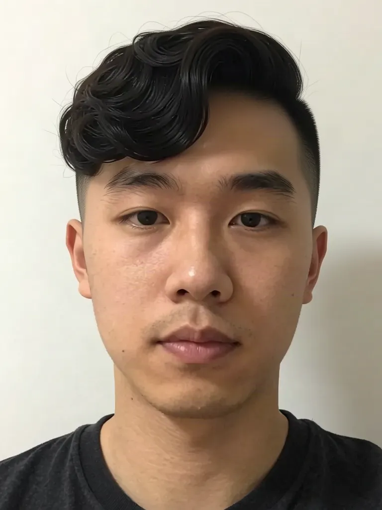 A young man with short black hair with soft permed waves on top, made with the AI hairstyle changer