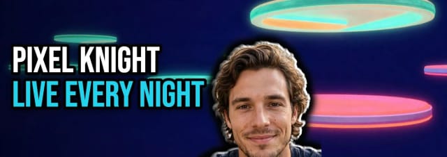 A wide profile banner with the channel name Pixel Knight and the line Live every night over floating neon platforms, with a man’s face cut out next to the name