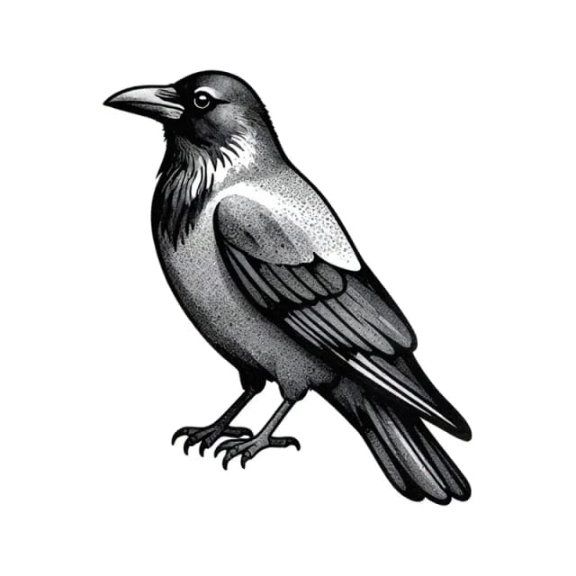 Tattoo design of a small raven perched with folded wings
