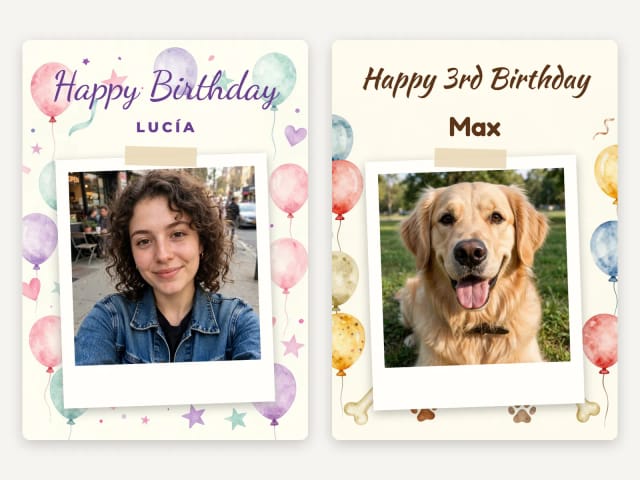 Two birthday cards with a photo in a frame: one with a young woman, one with a golden retriever