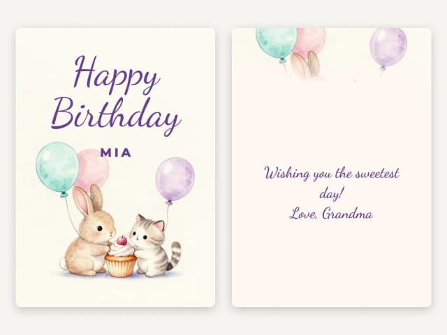 The front of a birthday card next to its inside with a handwritten message