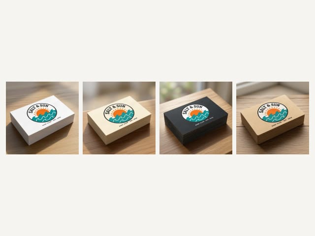 The same business card design on white, cream, black and kraft paper