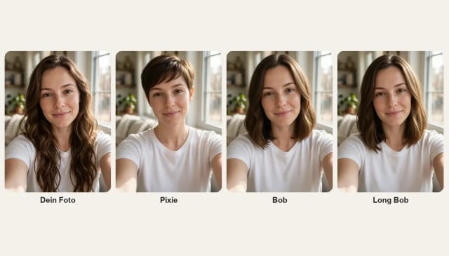 Eine Frau mit langen, welligen Haaren, dann dasselbe Selfie mit Pixie Cut, Bob und Long Bob