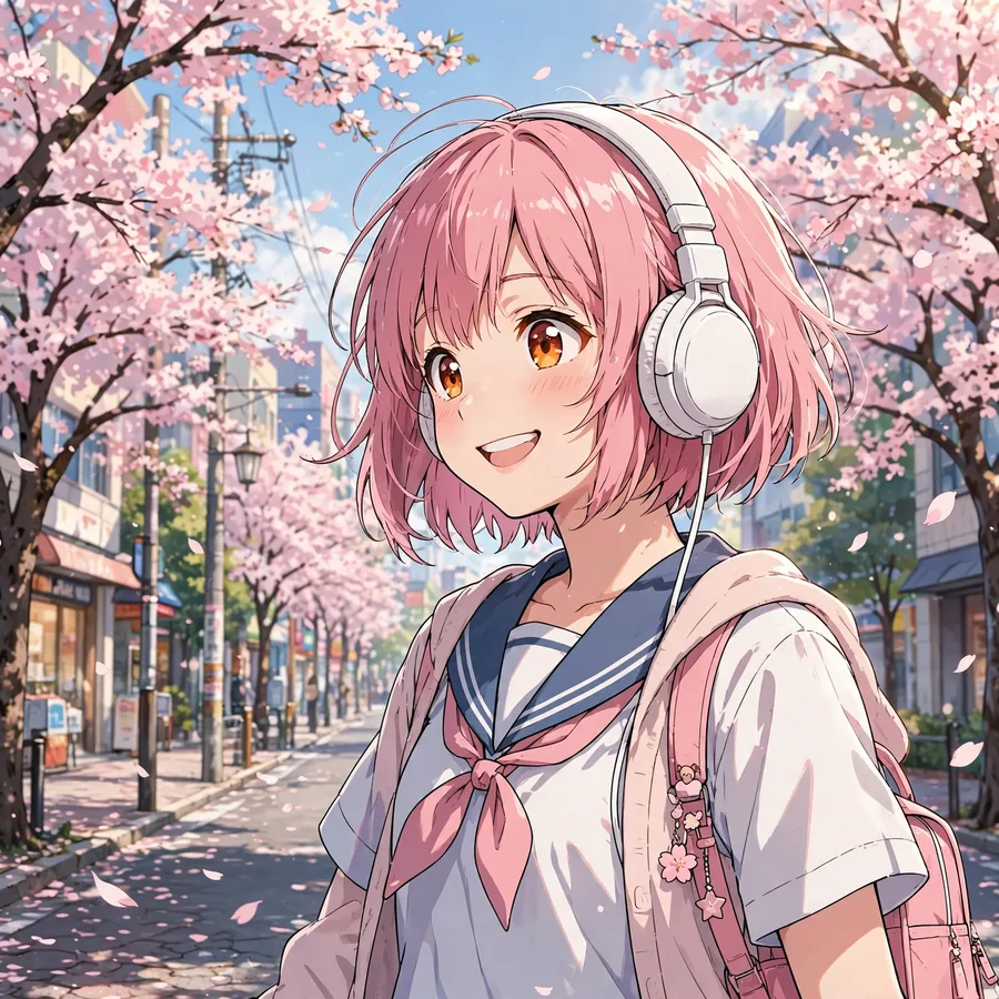 Anime illustration of a girl with pink hair and headphones under cherry blossoms