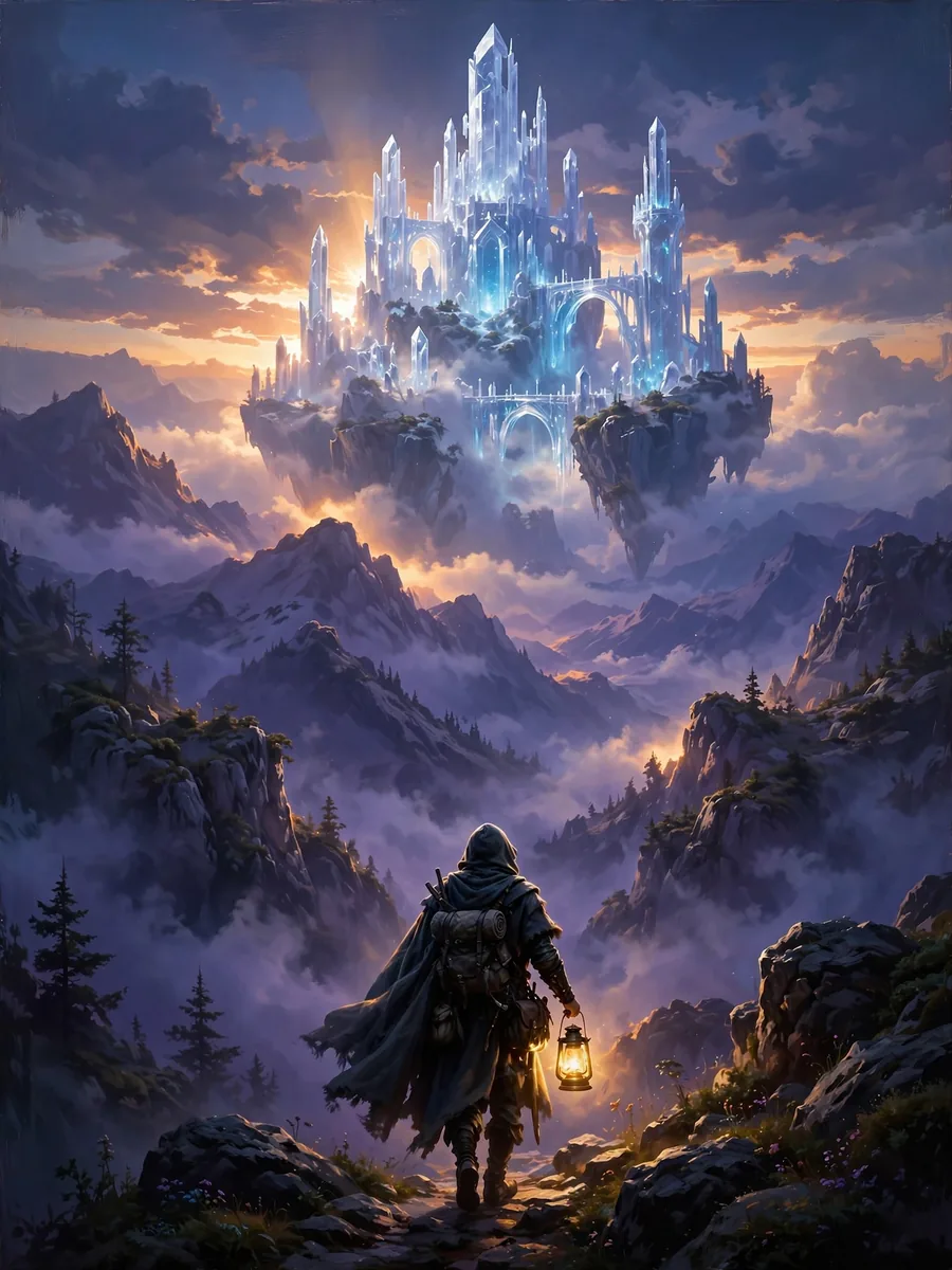 Painted fantasy scene of a traveler with a lantern facing a floating crystal castle