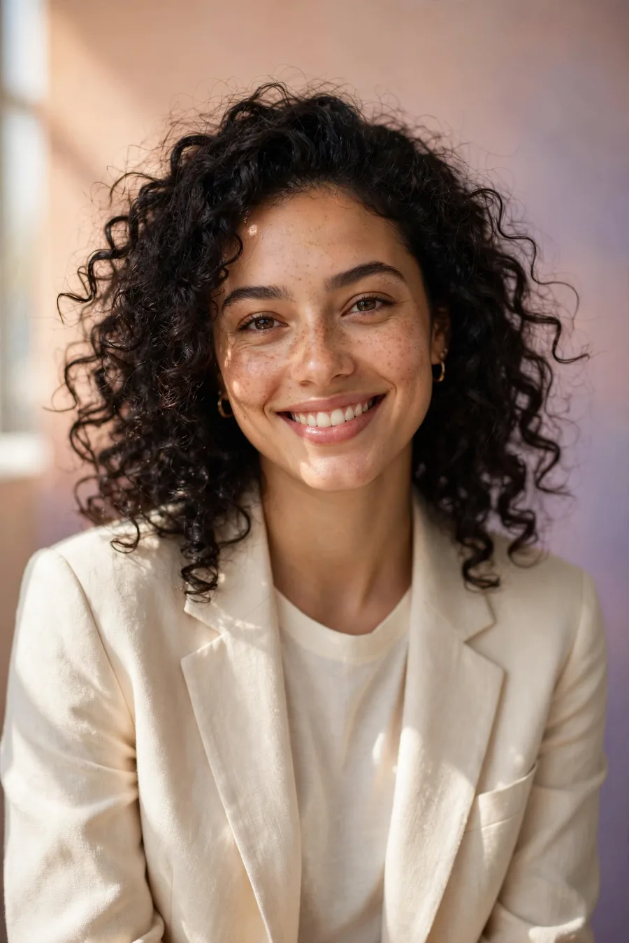 Studio portrait of a smiling woman with curly hair in a cream blazer