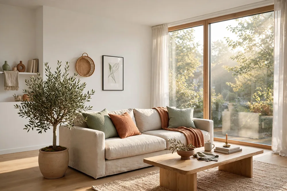 Sunlit Scandinavian living room with a linen sofa and an olive tree