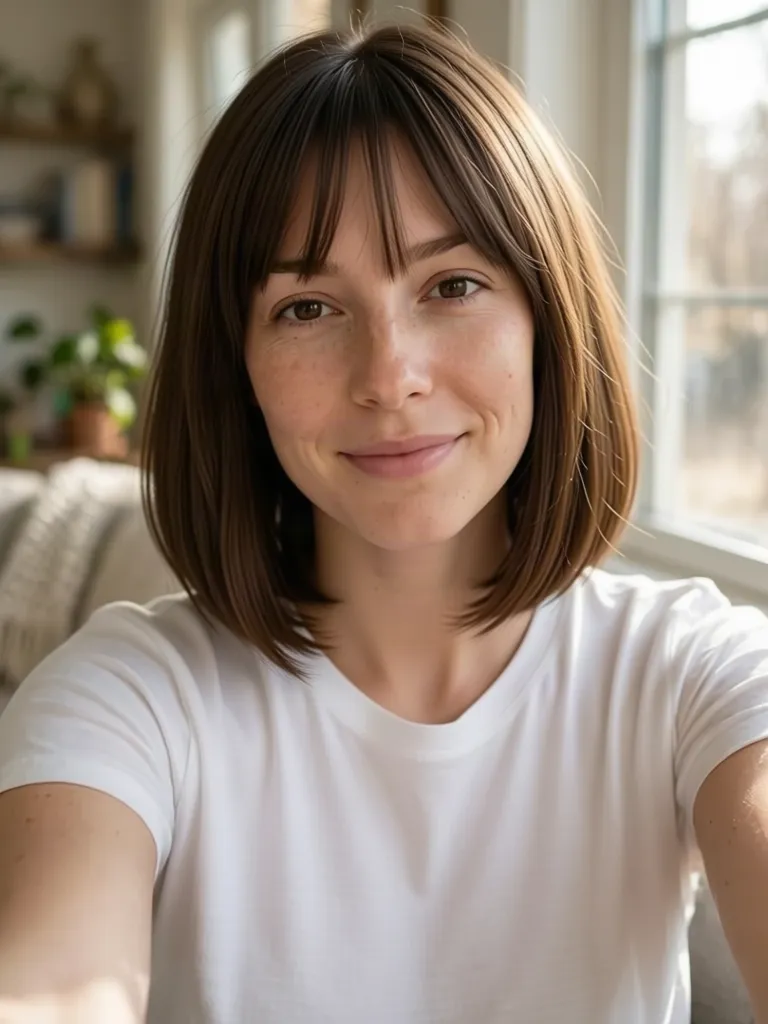 A woman with brown hair with a jaw-length French bob with wispy bangs, made with the AI hairstyle changer