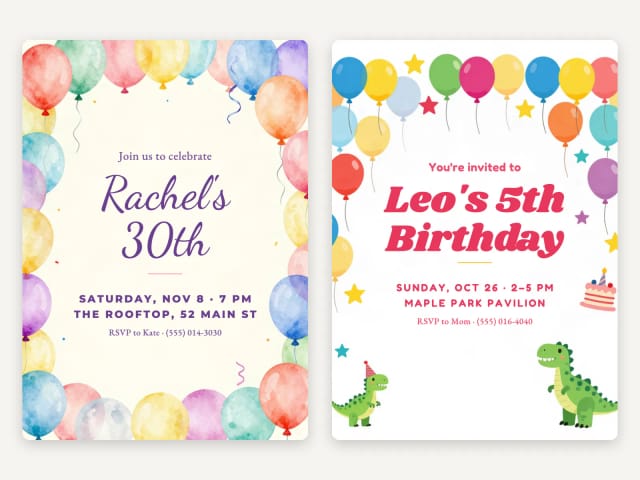 A 30th birthday invitation with balloons next to a kids party invitation with dinosaurs