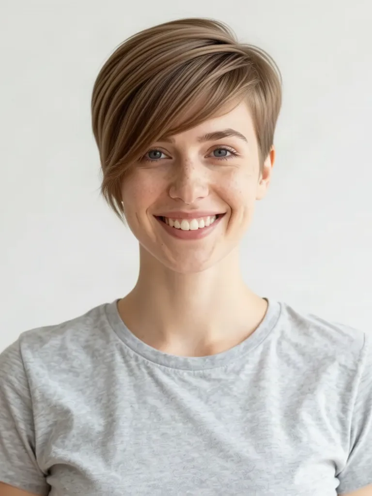 A young woman with light brown hair with a pixie cut with a long side-swept fringe, made with the AI hairstyle changer