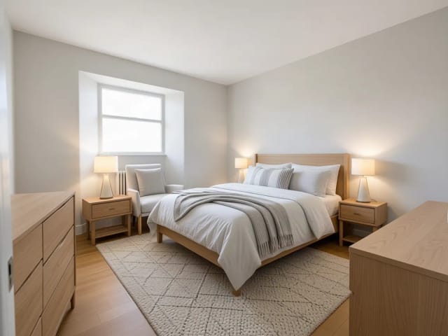 Ein leeres Schlafzimmer im skandinavischen Stil, mit zwei Nachttischen und zwei Leselampen