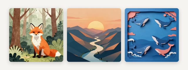A watercolor fox, a geometric mountain landscape and a paper-cut ocean scene, made with Auto and no text