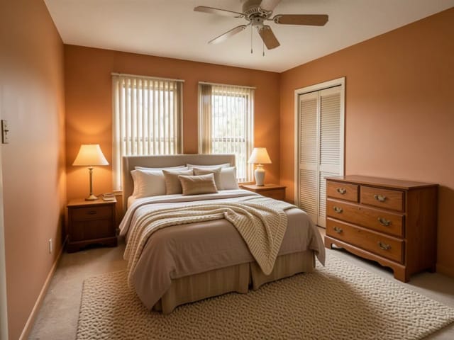 Ein altes Elternschlafzimmer mit Wänden in warmem Terrakotta-Beige