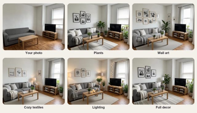 A plain living room, then the same room with only plants, only wall art, only cozy textiles, only lighting and full decor added