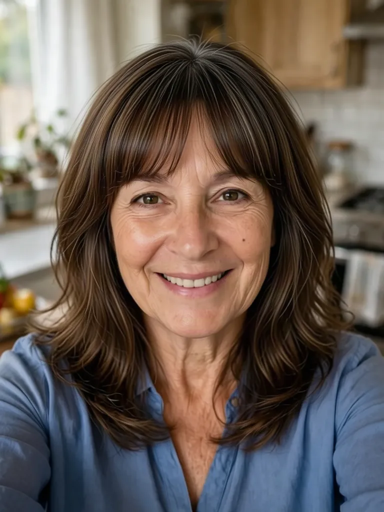 An older woman with dark brown hair with light wispy bangs, made with the AI hairstyle changer