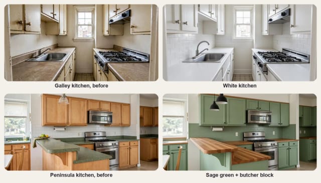 A galley kitchen before and after as a white kitchen, and a peninsula kitchen before and after with sage green cabinets and butcher block