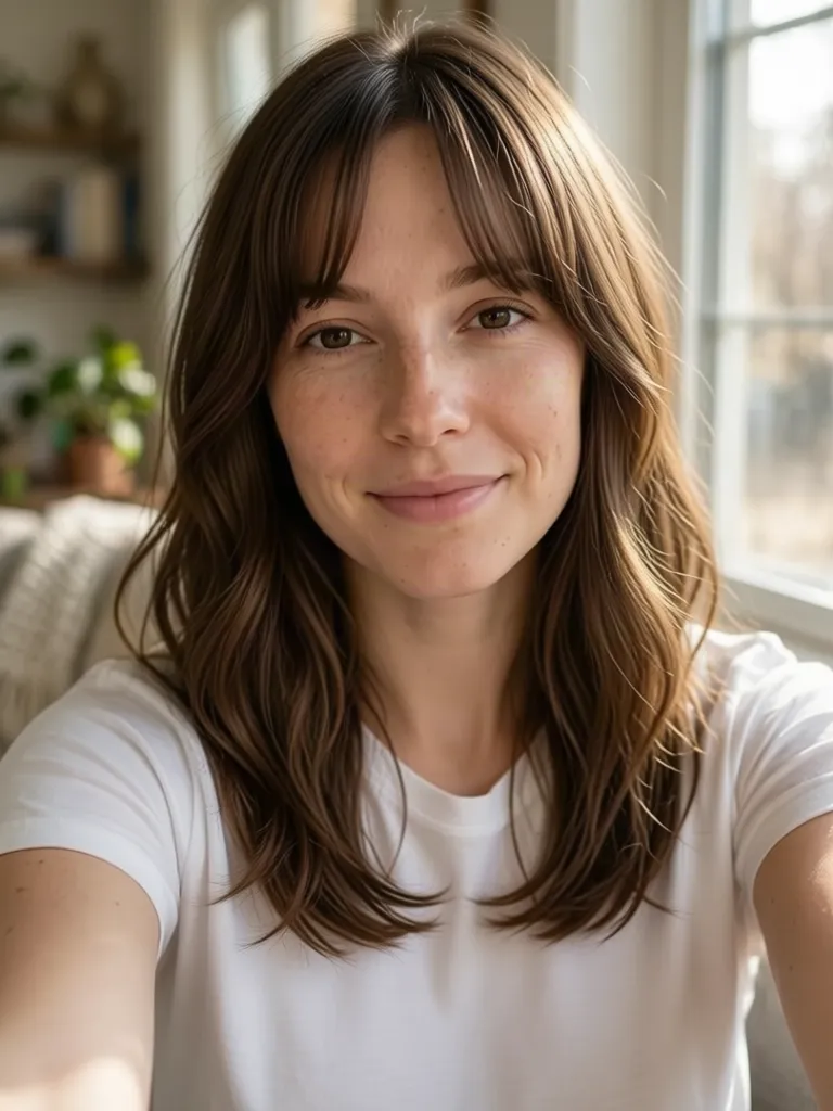 A woman with brown hair with bottleneck bangs, made with the AI hairstyle changer