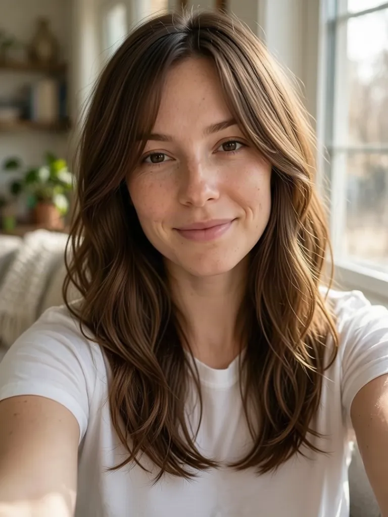 A woman with brown hair with long layered hair, made with the AI hairstyle changer