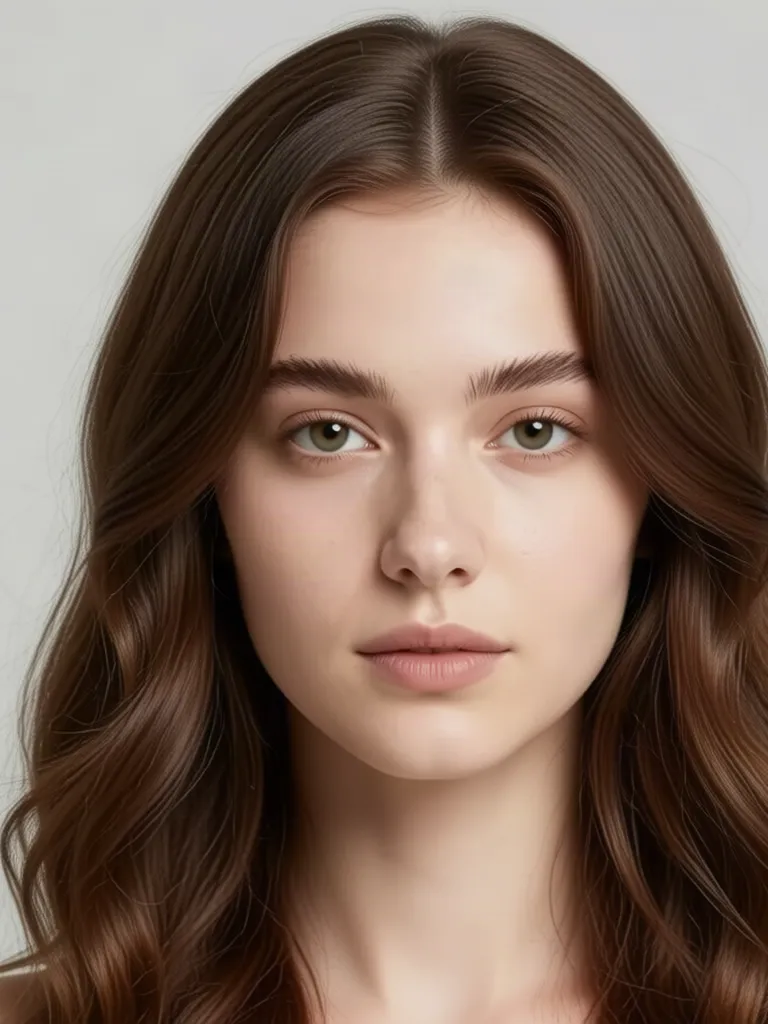 A young woman with dark brown hair with long wavy hair in a soft V-cut, made with the AI hairstyle changer