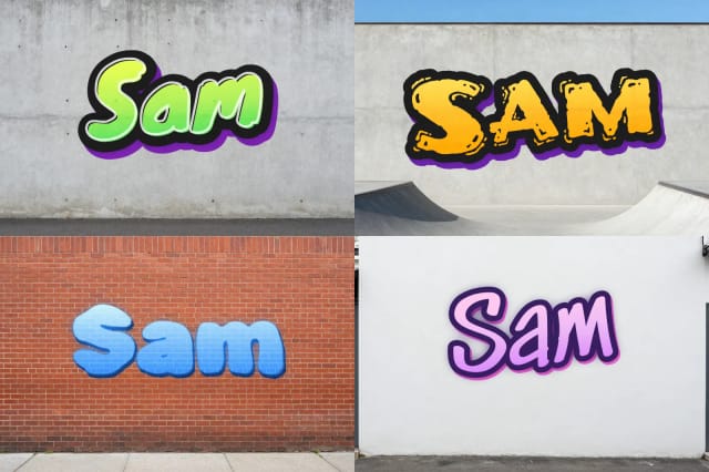 Der Name Sam in vier Graffiti-Stilen an einer Betonwand, einem Skatepark, einer Ziegelwand und einer weißen Wand