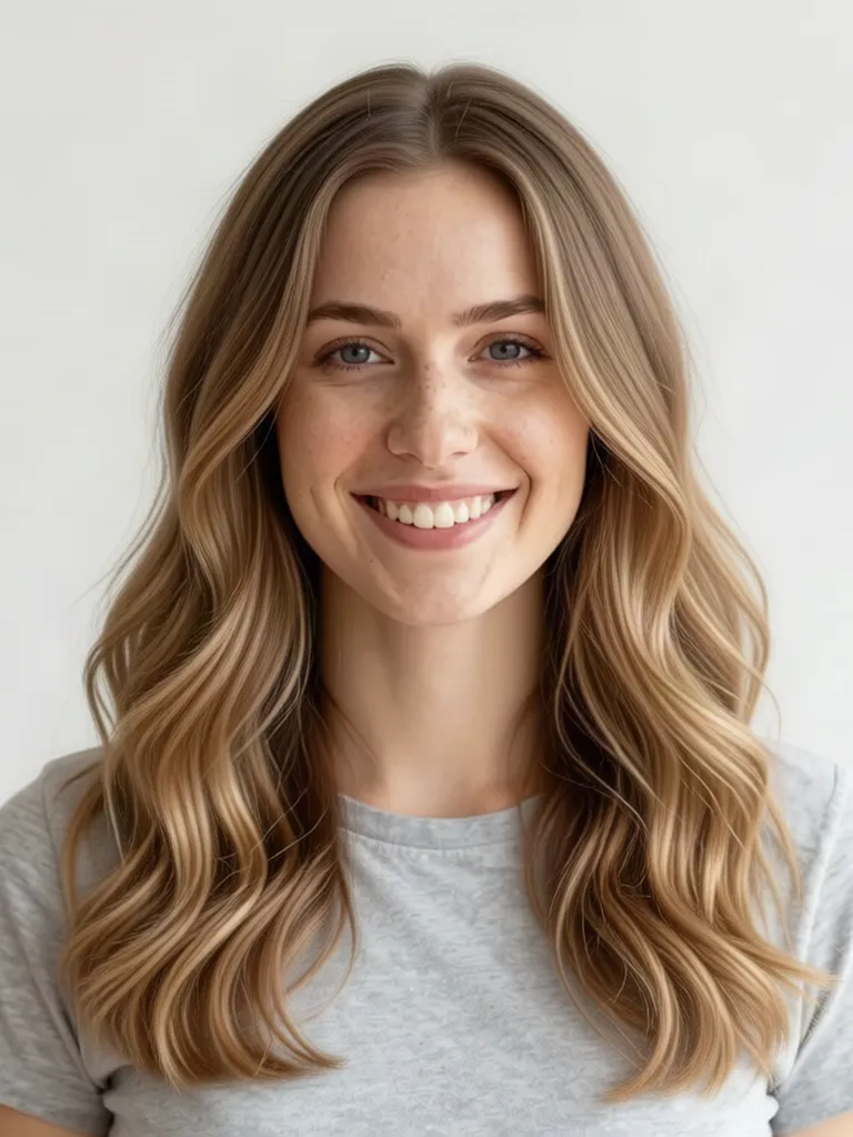 A young woman with light brown hair with long loose beach waves, made with the AI hairstyle changer