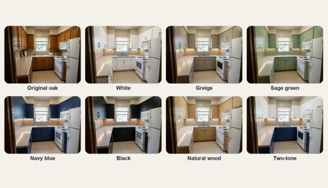 The same honey oak kitchen with white, greige, sage green, navy, black, natural wood and two-tone cabinets