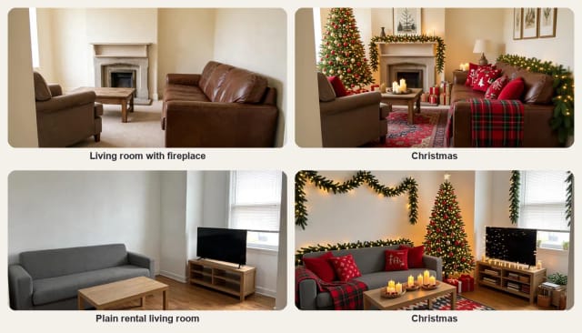 A living room with a fireplace and a plain rental living room, before and after Christmas decorating