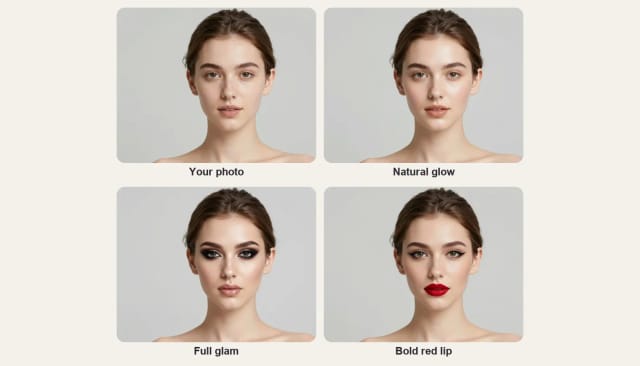 A photo of a young woman without makeup and the same woman with natural glow, full glam and bold red lip makeup
