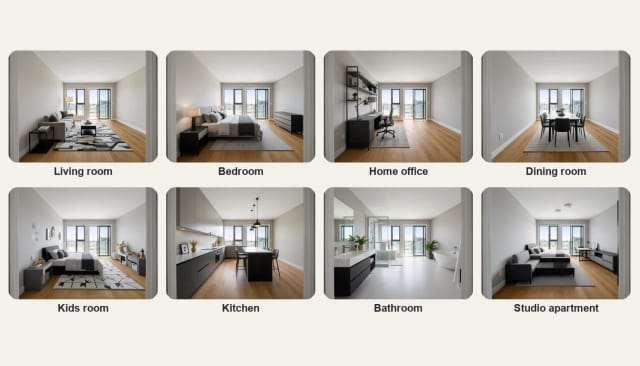 The same empty room furnished as a living room, bedroom, home office, dining room, kids room, kitchen, bathroom and studio apartment