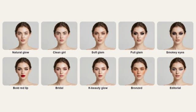The same young woman in ten AI makeup looks: Natural glow, Clean girl, Soft glam, Full glam, Smokey eyes, Bold red lip, Bridal, K-beauty glow, Bronzed and Editorial