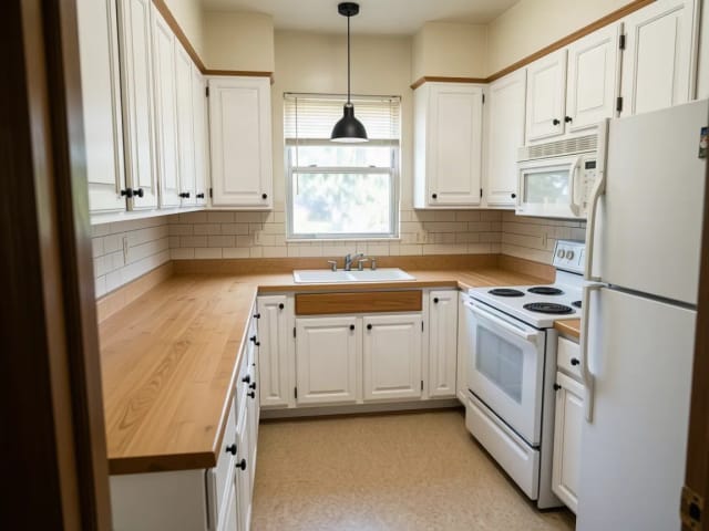The sample kitchen remodeled in modern farmhouse style with white shaker cabinets and a butcher block countertop
