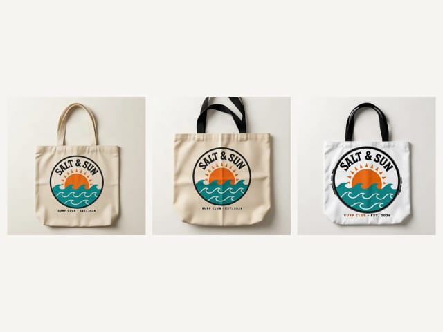 The same design on a classic tote, a black-handle tote and an all-over print tote
