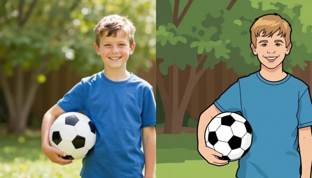A photo of a boy holding a football and the same photo as a cartoon
