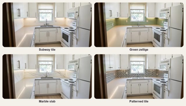 The same white kitchen with a subway tile, green zellige, marble slab and patterned cement tile backsplash