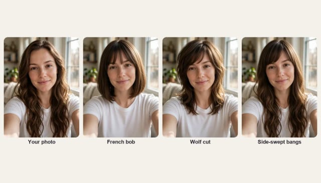 A woman with long wavy brown hair and the same woman with a French bob, a wolf cut and side-swept bangs