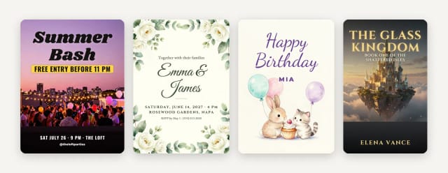 A party flyer, a wedding invitation, a birthday card and a book cover, with their text set in real fonts