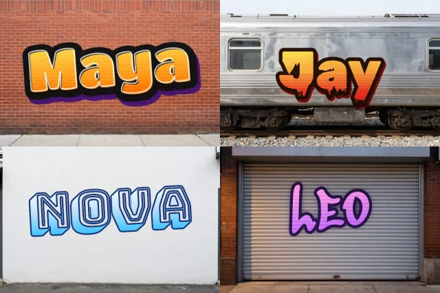 Die Namen Maya, Jay, Nova und Leo in vier Graffiti-Schriftstilen, an einer Ziegelwand, einem U-Bahn-Wagen, einer weißen Wand und einem Rollladen