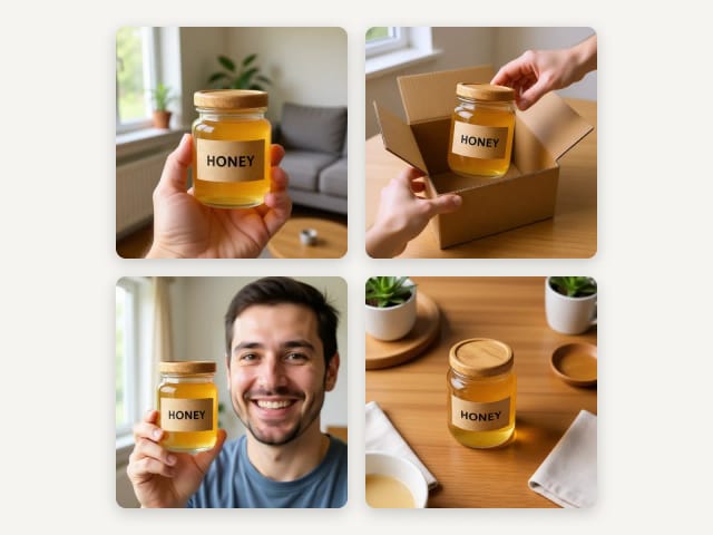 Four UGC-style photos of a jar of honey: in hand, unboxing, held up by a smiling man and on a table