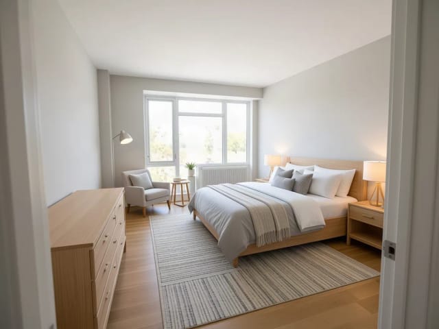 Ein leeres Schlafzimmer im skandinavischen Stil, mit Sessel, Stehlampe und Beistelltisch am Fenster