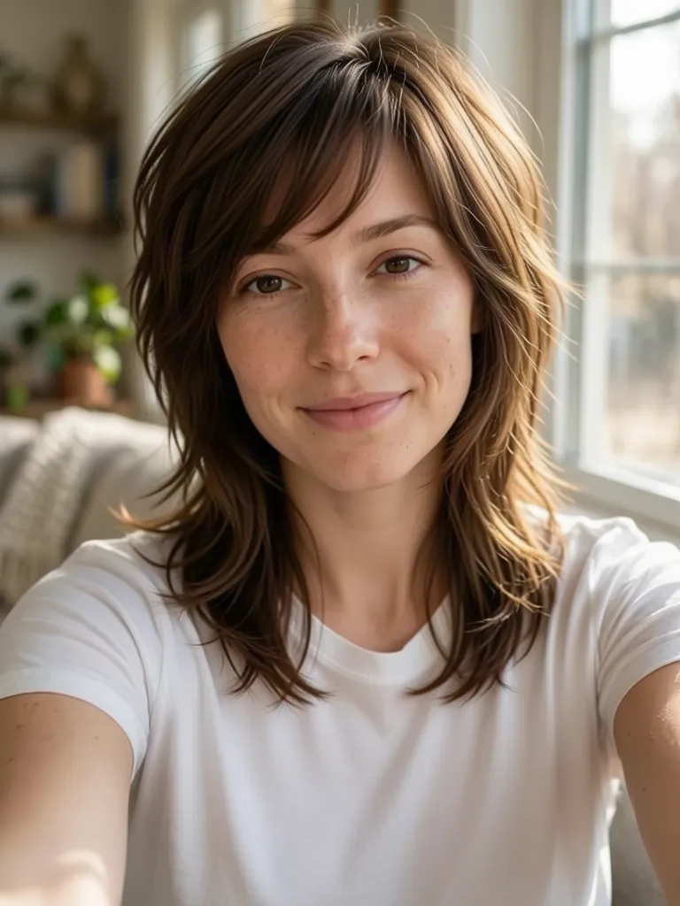 A woman with brown hair with a layered wolf cut, made with the AI hairstyle changer