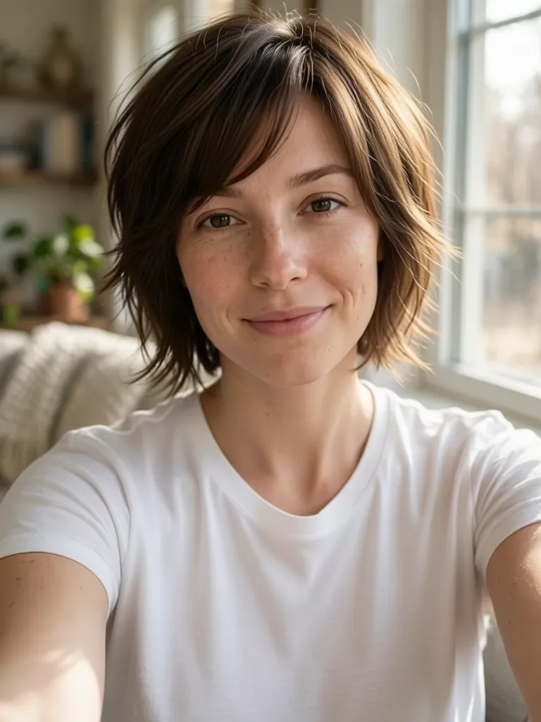 A woman with brown hair with a short shag just below the ears, made with the AI hairstyle changer
