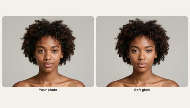 A photo of a young woman with deep skin and curly hair, and the same woman with soft glam makeup and her skin tone unchanged
