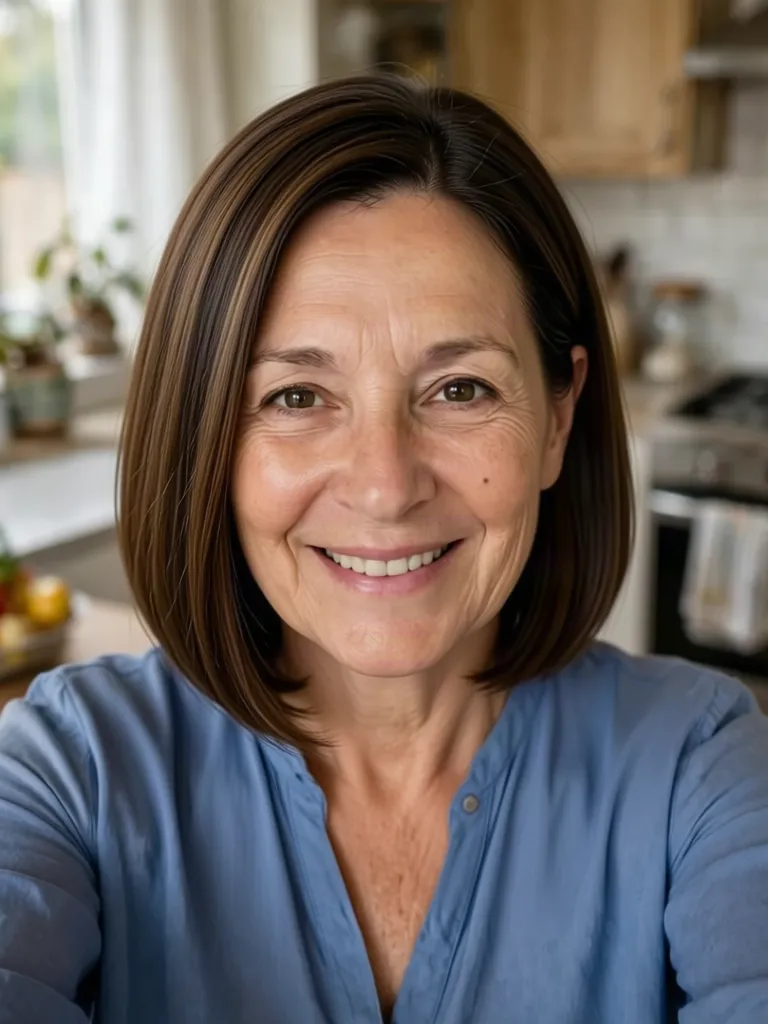 An older woman with dark brown hair with a sleek chin-length bob, made with the AI hairstyle changer