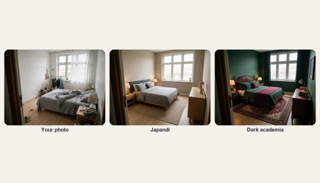 A messy bedroom, the same bedroom in Japandi style and in dark academia style