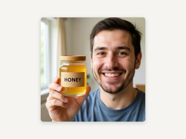 A UGC-style photo of a smiling man holding up a jar of honey, made with AI
