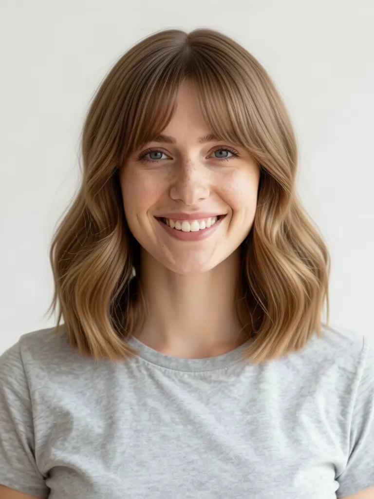 A young woman with light brown hair with a wavy lob with soft bangs, made with the AI hairstyle changer
