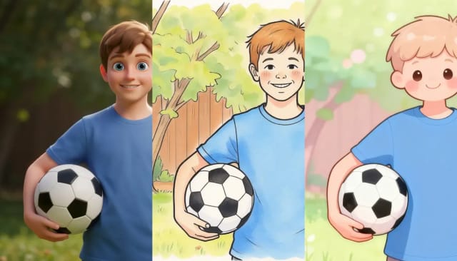 The same photo as a 3D cartoon, a storybook illustration and a kawaii cartoon
